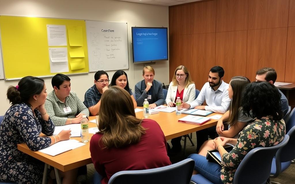 Diverse group of stakeholders collaborating on language education solutions